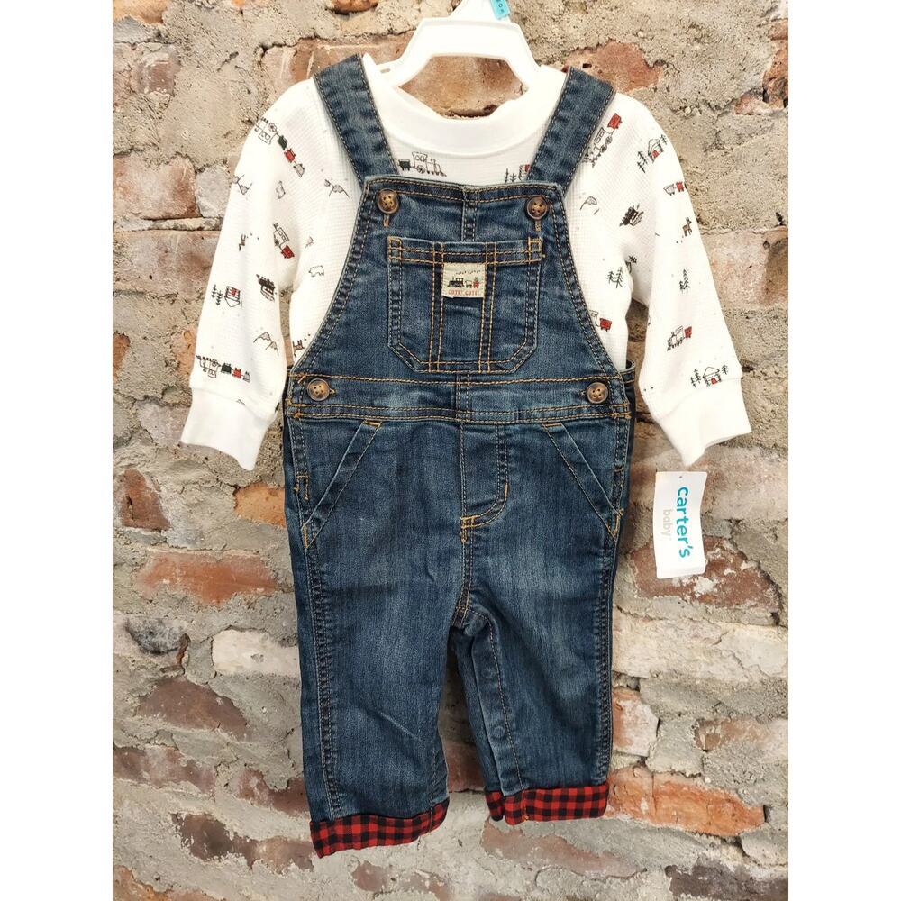 Carters Baby Boys 2 Piece Overall Set 6M Blue Denim Plaid Cuff Outfit NWT